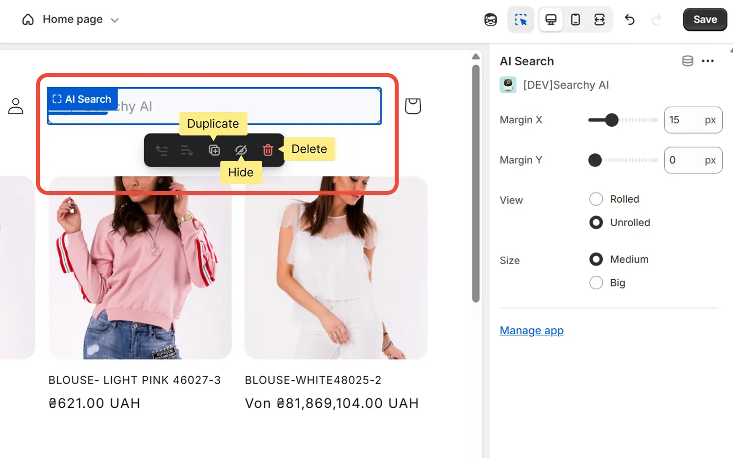 Select theme and go for customization, select block in header on search template to style