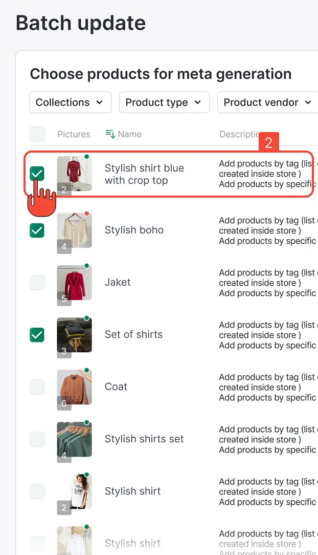 Select products for meta generation