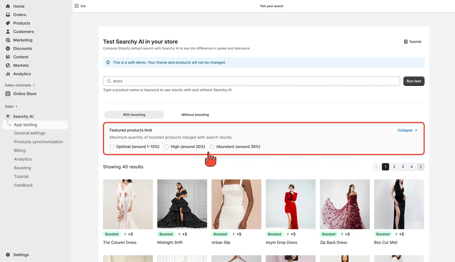 Enter search query and check ai search results with different boosting settings